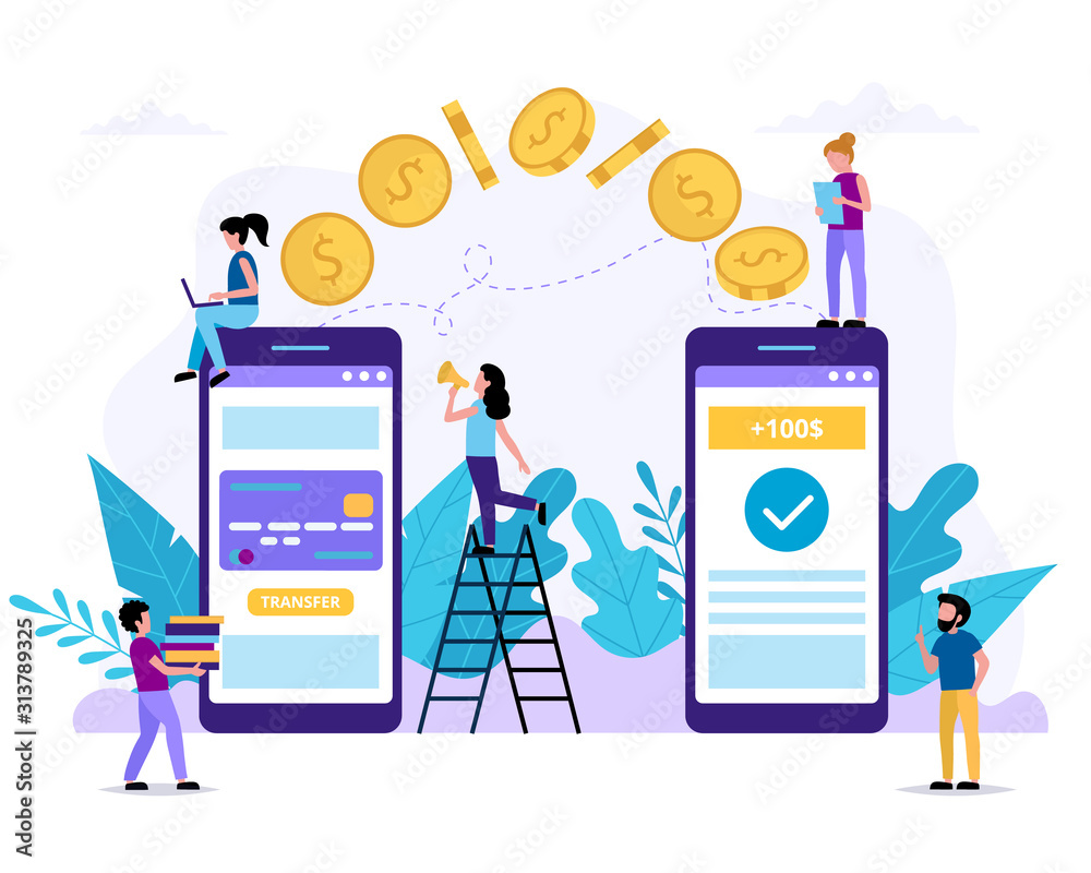 Wall mural sending money via smartphone. payment application. small people doing various tasks. concept vector 