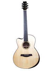 Obraz premium wood texture of lower deck of six strings acoustic guitar on white background. guitar shape