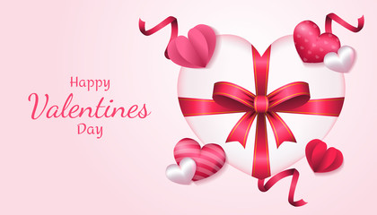 Valentines Day Background with 3d gift box, heart shape, paper love, and ribbon in pink and white color, applicable for invitation, greeting, celebration card