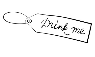 Label with the text &ldquo;Drink me&rdquo;. Hand-drawn outline cartoon tag. Stock vector illustration isolated on white background.