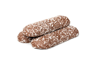 Chocolate cookies with coconut isolated on white background.