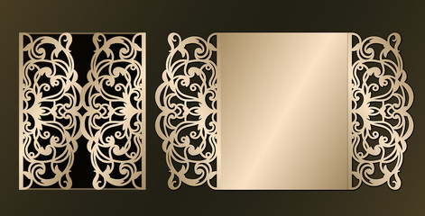 Laser cut template of wedding invitation. Mockup of greeting card with abstract curl ornament. Fold lace decor for Valentine's day. Die cut design for cnc. Openwork vector silhouette for envelope.