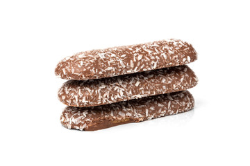Chocolate cookies with coconut isolated on white background.