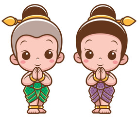 Vector illustration of Cartoon Thai kids, Sawasdee
