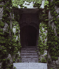 Entrance to the dark,Broken structure with Ivy scene,3d rendering