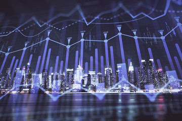 Financial graph on night city scape with tall buildings background multi exposure. Analysis concept.