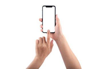 Smartphone in female hands taking photo isolated on white blackground