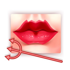 Realistic illustration of lips of the devil. Red lips, Vector art isolated on white background. A new trend in cosmetology