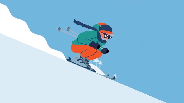 Senior skier on piste in downhill position with fluttering scarf. Winter sports motion graphics. 2D computer animation in flat design style. 