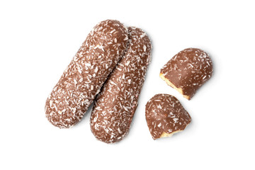 Chocolate cookies with coconut isolated on white background.