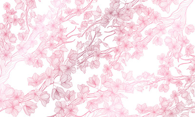 Fototapeta na wymiar Vector horizontal background with line art sakura flowers. Hand drawn illustration of romantic sakura cherry blossom flower. Pink gold outline backdrop with cherry flower. 