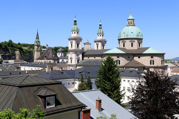 Salzburg Cathedral and the Altstadt (Old Town) of Salzburg, Austria, with the Franciscan Church in the background