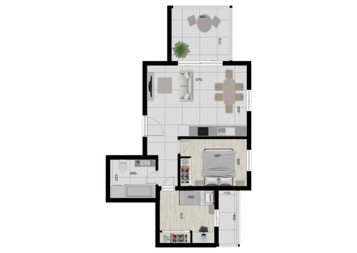Floor plan 3d with the furniture. Modern plan of the house. Floorplanner.