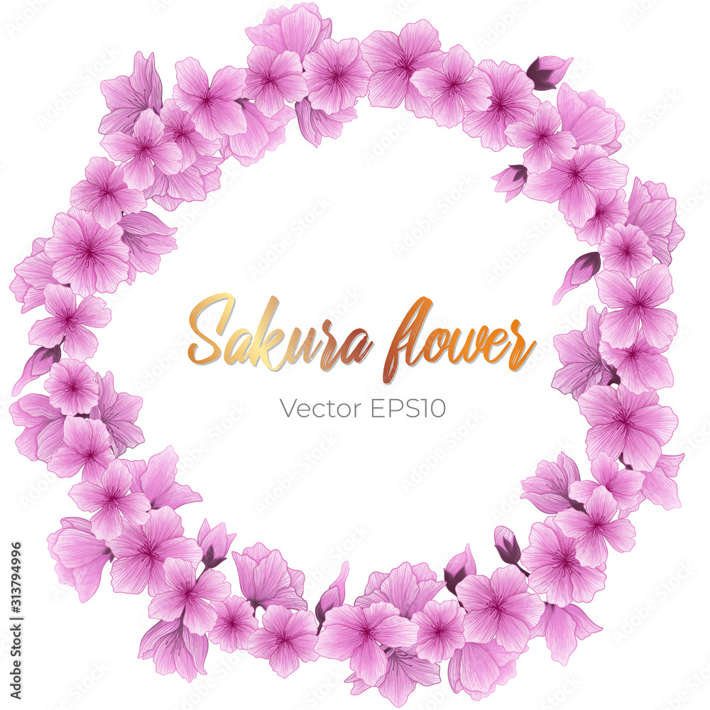 Wall mural Romantic spring wreath with japanese sakura flowers. Vector hand drawn illustration of cherry blossom flower isolated on white background. Circlet banner with sakura flowers. Place for text. 