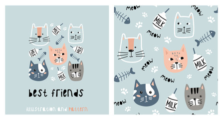 Illustration and seamless pattern with cute cat.