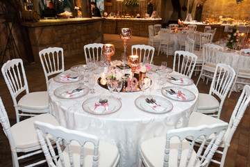 Tables decorated for a wedding reception