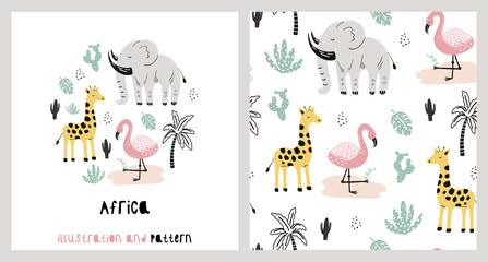Illustration and pattern with cute giraffe, elephant, flamingo