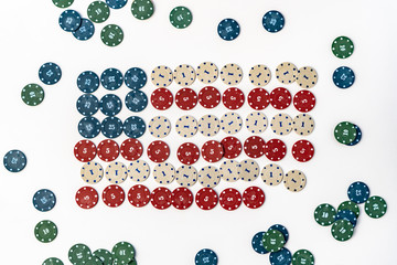 the united states of america national country flag made of casino or poker playing chips, symbol of win and success