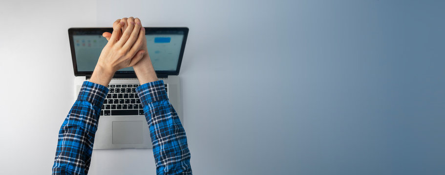 Top View Of Person Hands Close Cover Or Block The Laptop Webcam, Being Afraid Of Spy Hack The Camera