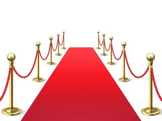 3d rendering red rug. Event celebrity carpets with rope barrier. Vip interior. Kino academy movie premiere vector background