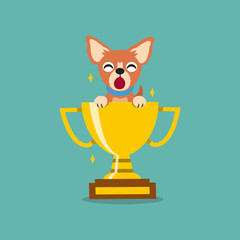 Cartoon vector character brown chihuahua dog with gold trophy cup award for design.