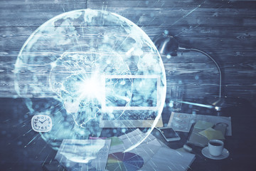 Multi exposure of business theme icons and work space with computer background. Concept of success.