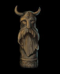 Fototapeta na wymiar Digital painting. Carved wooden idol. A figure of a bearded Viking in a helmet with horns. 
