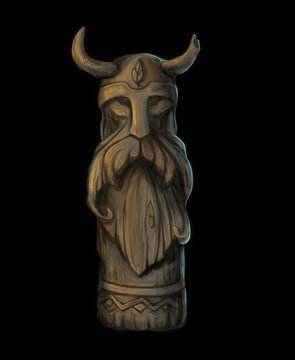 Digital painting. Carved wooden idol. A figure of a bearded Viking in a helmet with horns. 