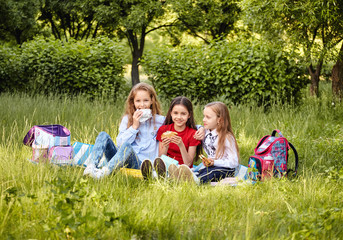 Fototapeta premium Young school kids eating lunch talking, together, sitting on the ground