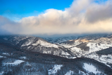 Obraz na płótnie Canvas Transylvanian winter landscape drone view.