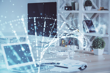 Desktop computer background and DNA drawing. Double exposure. Science concept.