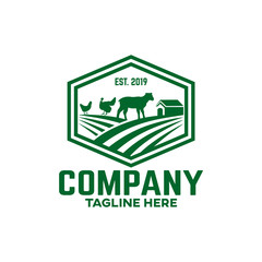 Modern farm in the hexagon logo. Vector illustration.