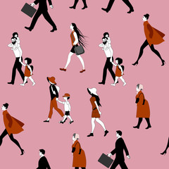 Seamless pattern of people walking. Families, businessmen, older ladies, teenagers and fashionable women