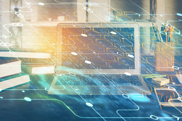 Technology theme drawing and work space with computer. Multi exposure. Concept of innovation.