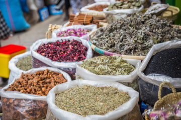 Spices and herbs from a moroccan market in the Medina of Fes