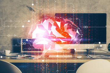 Double exposure of work table with computer and brain sketch hologram. Brainstorming concept.