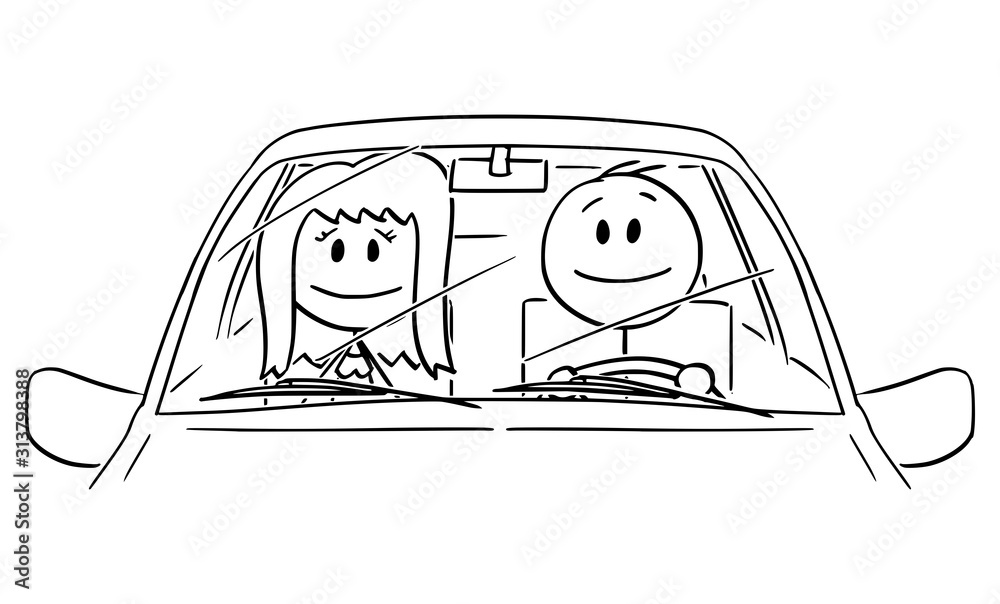 Poster vector cartoon stick figure drawing conceptual illustration of happy smiling man or driver enjoying 