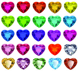 Illustration set of cut gemstones with heart in different colors