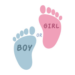 Baby Shower greeting card with text boy or girl and kids footprint