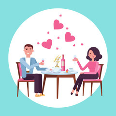 Romantic Valentine's day date of man and woman in restaurant. Couple in love. People sitting at the table with a glass of wine. Romance relationship. Isolated flat vector illustration