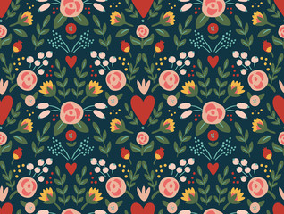 Materiał do szycia Beauty seamless roses and hearts pattern. Wedding or Valentine vector background
