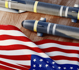 United States of America flag, crisis Trump president and Iran for nuclear atomic risk. War concept. 3d rendering