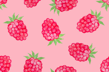 Oil-painted raspberry berries on a pink background. Seamless pattern.