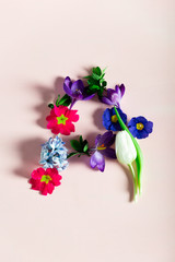 Easter minimal concept. Letter A made from spring flowers on the pink background