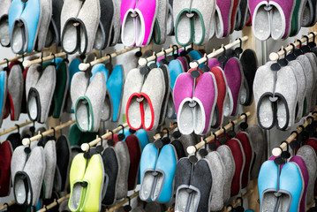 Colorful traditional felt slippers in a Tyrol shop