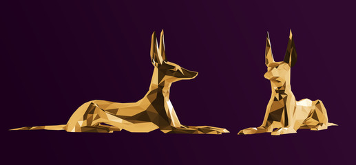 Gold Anubis. Shiny Metallic Set of Golden Egyptian Gods on Purple Background. Low Poly Vector 3D Rendering