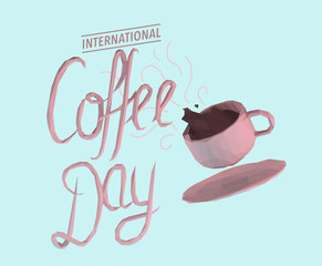 Obraz premium Pink Pastel International Coffee Day Quote on Isolated Blue Background. Low Poly Vector 3D Rendering