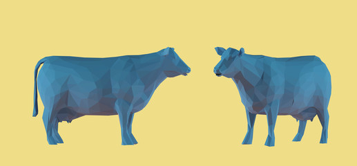 Cow. Set of Blue Cows on Yellow Background. Low Poly Vector 3D Rendering