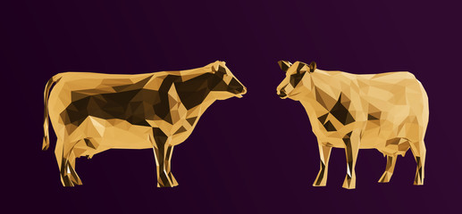 Gold Cow. Shiny Metallic Set of Golden Cows on Purple Background. Low Poly Vector 3D Rendering