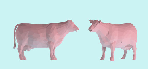 Pastel Cow. Set of Pink Cows on Pastel Blue Background. Low Poly Vector 3D Rendering